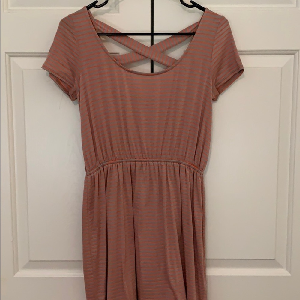 Tan & Coral Striped Dress with Crisscross Back